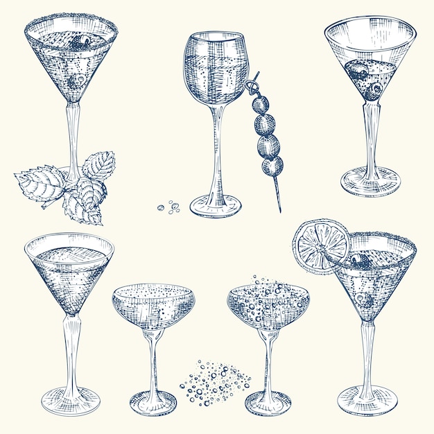 Establecer vasos de boceto dibujados a mano para bebida alcohólica Champán Diseño vintage bar restaurante cafetería menú sobre fondo blanco Plantilla creativa para cartel de banner de volante Vector de estilo de grabado