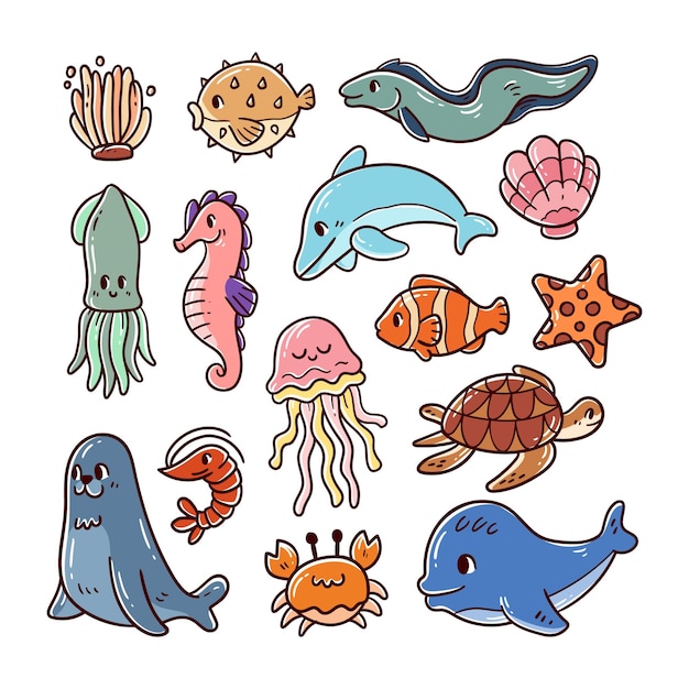 Establecer vector animales marinos ilustración dibujada a mano