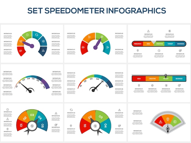 Establecer velocímetro con 3 4 5 6 8 elementos plantilla infográfica para presentaciones de negocios web ilustración vectorial visualización de datos comerciales