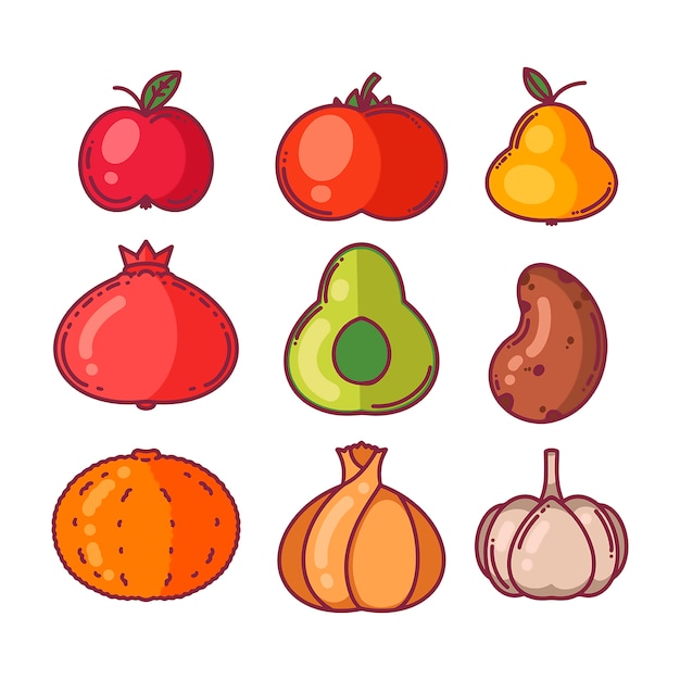 Vector establecer verduras y frutas. estilo de dibujos animados, ilustración vectorial