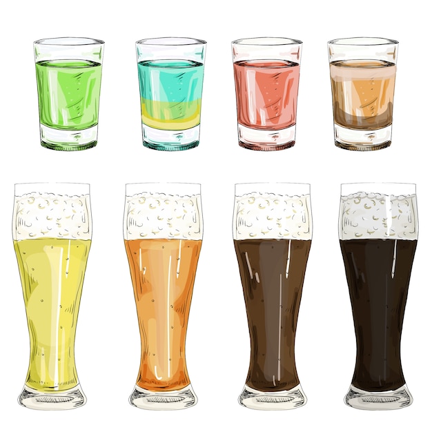 Establecer vidrio shot con color licores alcohólicos y bebidas ilustración. conjunto de vasos de cerveza con diferentes grados de cerveza sobre un fondo blanco aislado