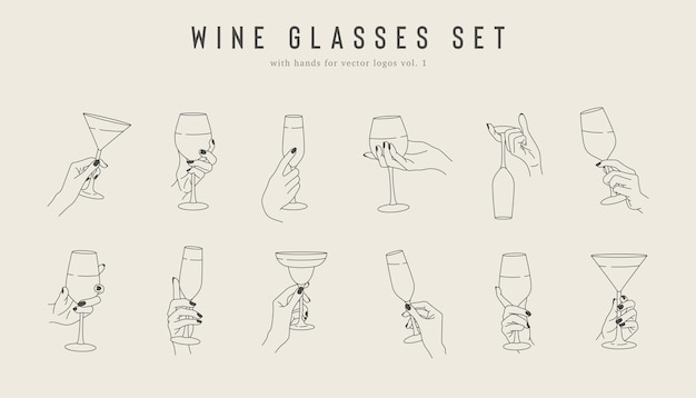 Establecer el volumen uno de las manos con copas de vino Colección de líneas vectoriales de bebidas de mano Plantilla de diseño para el logotipo del restaurante etiqueta de alcohol emblema de cóctel bar de vinos o pegatinas de la tienda de bebidas