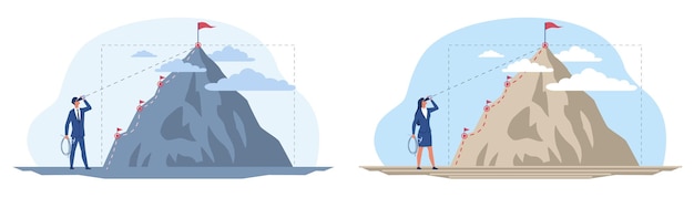 Establecido con personajes masculinos y femeninos en frente de la dirección de crecimiento como concepto de escalada de montaña de