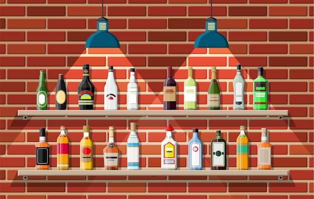 Establecimiento de bebidas. Interior de pub, cafetería o bar. Barra de bar, estantes con botellas de alcohol, lámpara. Decoración de madera y ladrillo.