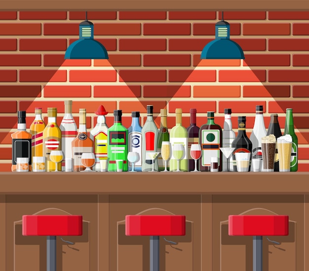 Establecimiento de bebidas. Interior de pub, cafetería o bar