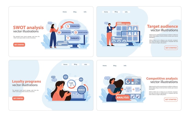 Establecimiento de estrategias de marketing mujer de negocios que muestra elementos SWOT hombre que configura el público objetivo