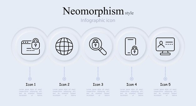Establecimiento de icono de línea de seguridad Sitio web bloqueo de contraseña monitor de teléfono inteligente hacker Estilo de neomorfismo Icono de línea vectorial para negocios