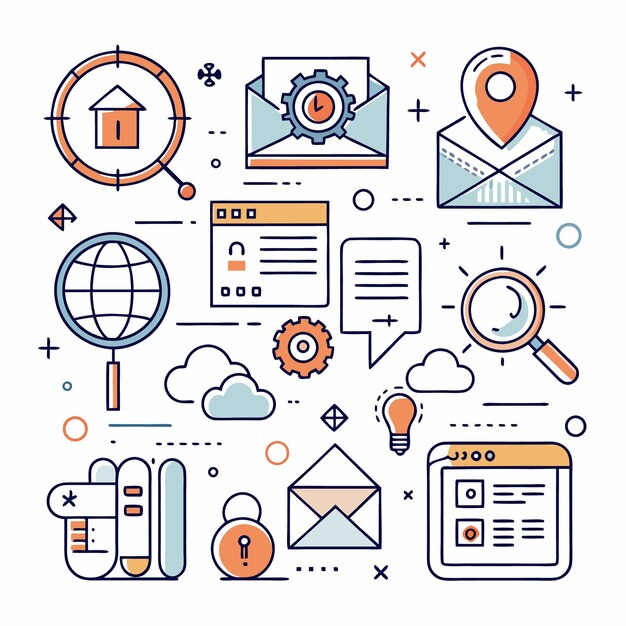 Establecimiento de iconos de línea delgada del sitio web Símbolo del sitio web Icono de las páginas de inicio de la búsqueda web