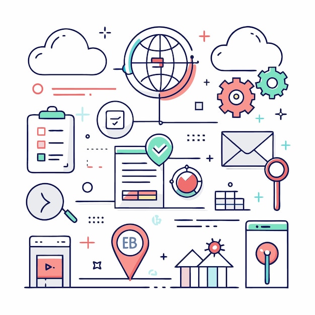 Establecimiento de iconos de línea delgada del sitio web Símbolo del sitio web Icono de las páginas de inicio de la búsqueda web