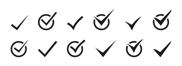 Establecimiento de iconos de marca de comprobación Marca de comprobación con el icono negro de aceptación correcto Vector