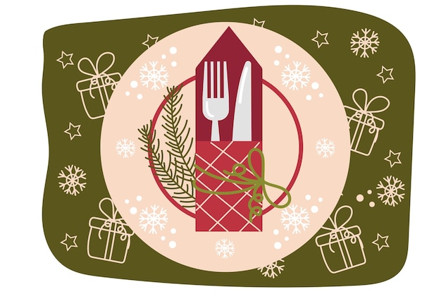 Establecimiento de mesa festiva el plato y los cubiertos están decorados con símbolos navideños patrón plano rojo
