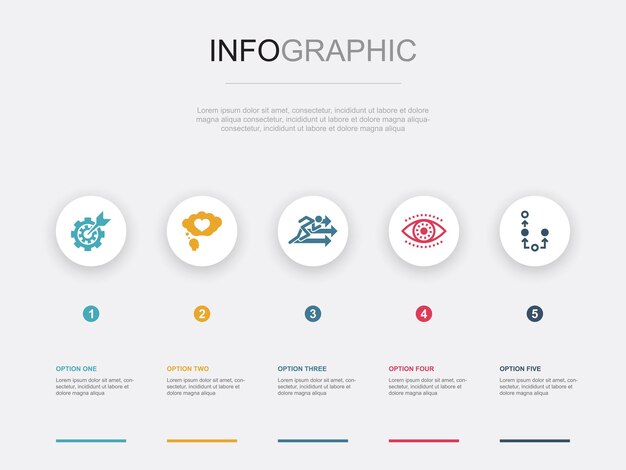 Establecimiento de objetivos sueño gran acción visión plan iconos Plantilla de diseño infográfico Concepto creativo con 5 pasos