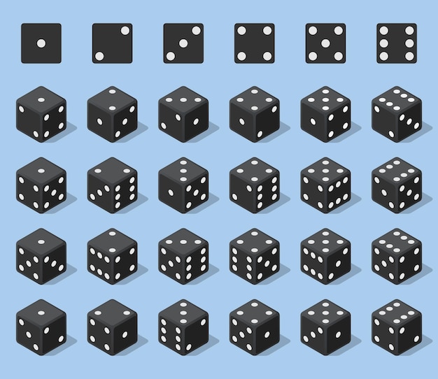 Establezca 24 dados de iconos auténticos en todos los giros posibles Veinticuatro variantes de dados de pérdida de cubos de juego negros