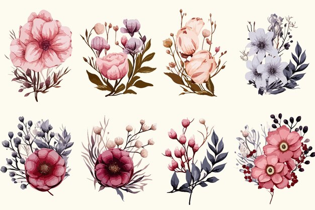 Vector establezca acuarela flores rosas jardín rosas peonías colección de hojas ilustración botánica