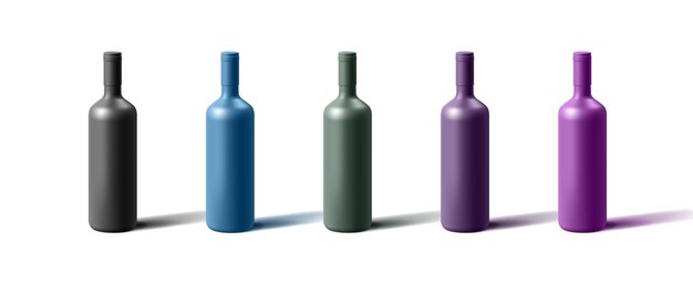 Establezca botellas de vino 3D realistas de diferentes colores monocromáticos oscuros envueltas en botellas de vidrio