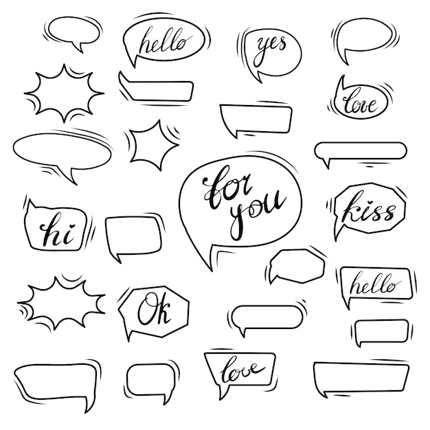 Establezca burbujas de habla Etiquetas de dibujos animados o cómics Discurso cómico Ilustración vectorial de diseño plano aislada en el fondo