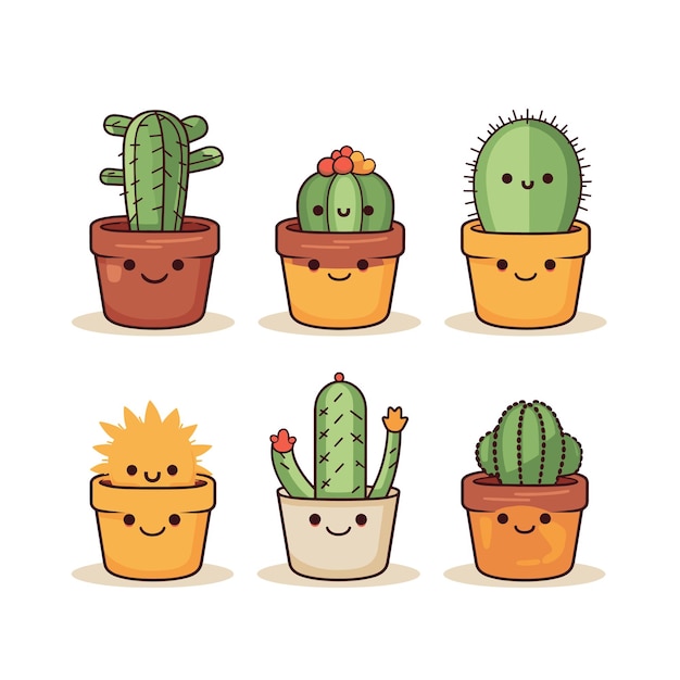 Vector establezca cactus en macetas bonitos caras sonrientes kawaii plantas de interior colores alegres muestran emociones felices