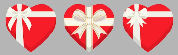 Establezca cajas en forma de corazón de regalo de vacaciones de colores rojos con cintas blancas y arcos ilustración vectorial