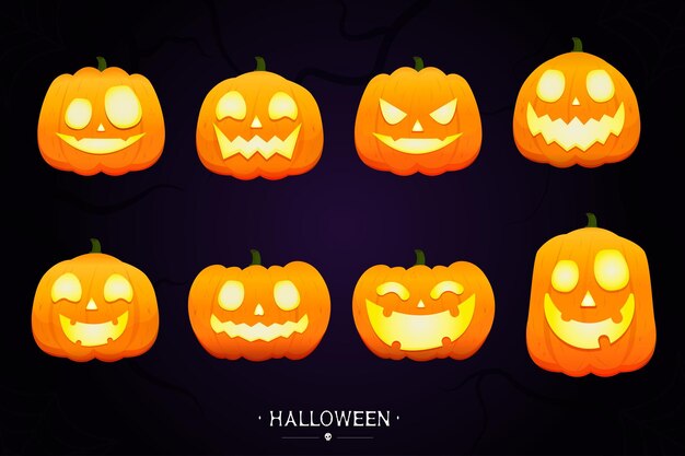 Establezca calabazas Halloween y elementos con sonrisas en el fondo negro o su diseño para el h