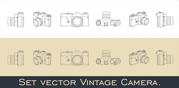 Establezca la cámara vectorial analógica retro arte de línea clásico dibujar el marco de alambre del plano de todos los puntos de vista esquina superior