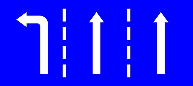 Establezca la carretera señal de tráfico azul tres líneas carretera dos dirección recta y girar a la izquierda flecha blanca