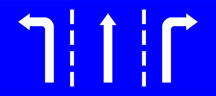Vector establezca la carretera señal de tráfico azul tres líneas carretera recta dirección girar a la izquierda y a la derecha flecha blanca