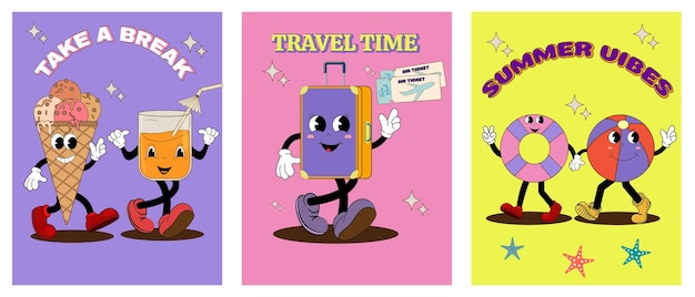 Vector establezca carteles de dibujos animados de verano con personajes divertidos retro mascotas de vacaciones de verano maleta