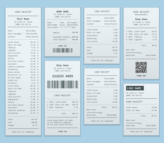 Establezca el cheque en papel y el cheque financiero aislados. recibos de venta de cajas registradoras impresos en papel térmico enrollado. ilustración de vector de recibo de efectivo