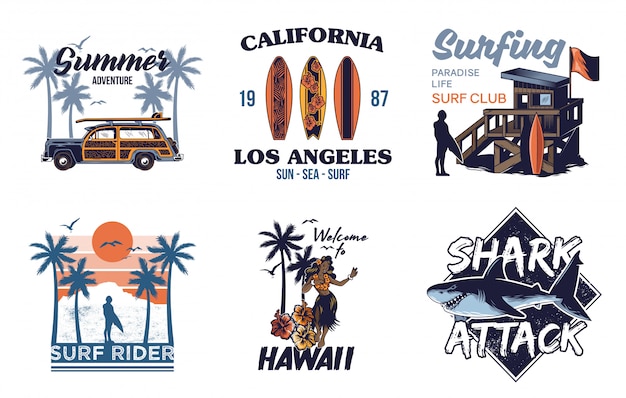 Establezca la colección de impresión vintage summer hawaii california paradise surf logo de iconos retro con mar océano animales wave view palms travel beach surfer para camiseta pegatina parche ilustración de moda