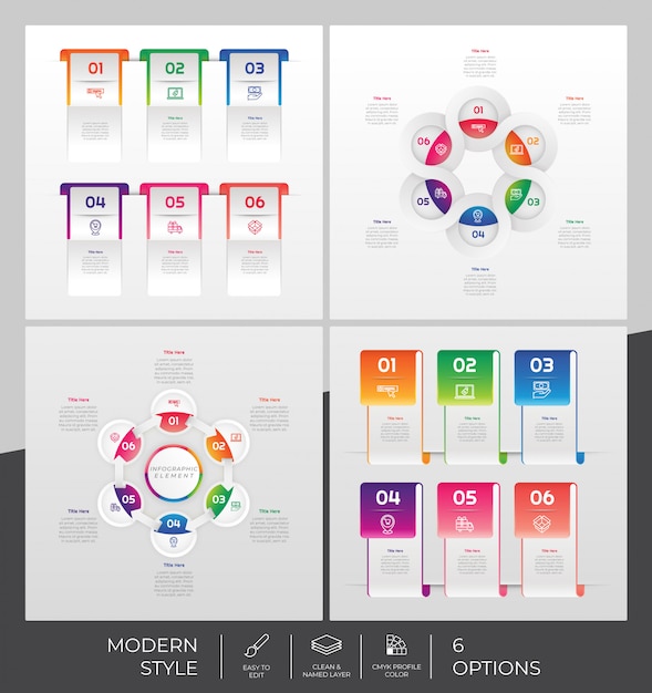 Establezca la colección de opciones de infografía con 6 opciones y estilo colorido para fines de presentación, negocios y marketing.