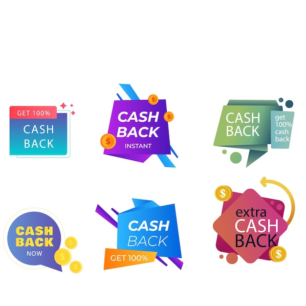 Establezca colecciones de devolución de dinero en efectivo de moda icono de colores señal de devolución y reembolso símbolo etiquetas plantilla de diseño