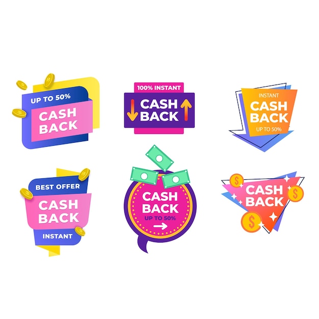 Establezca colecciones de devolución de dinero en efectivo de moda icono de colores señal de devolución y reembolso símbolo etiquetas plantilla de diseño