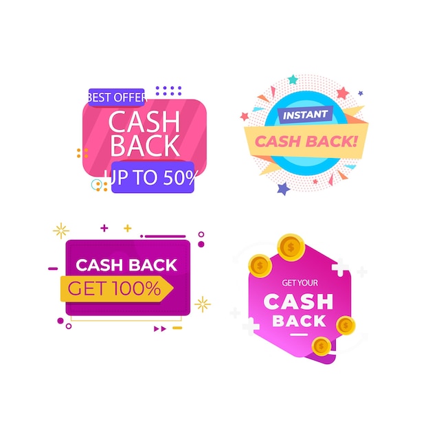 Establezca colecciones de devolución de dinero en efectivo de moda icono de colores señal de devolución y reembolso símbolo etiquetas plantilla de diseño