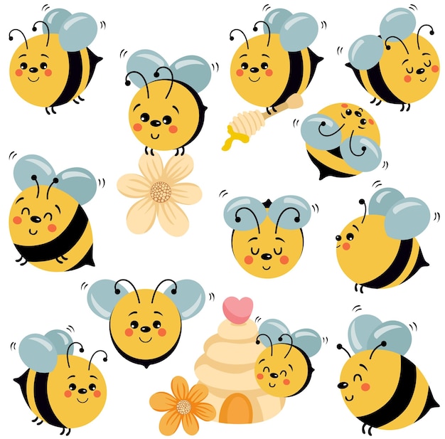 Establezca un collage digital de una abeja feliz y linda