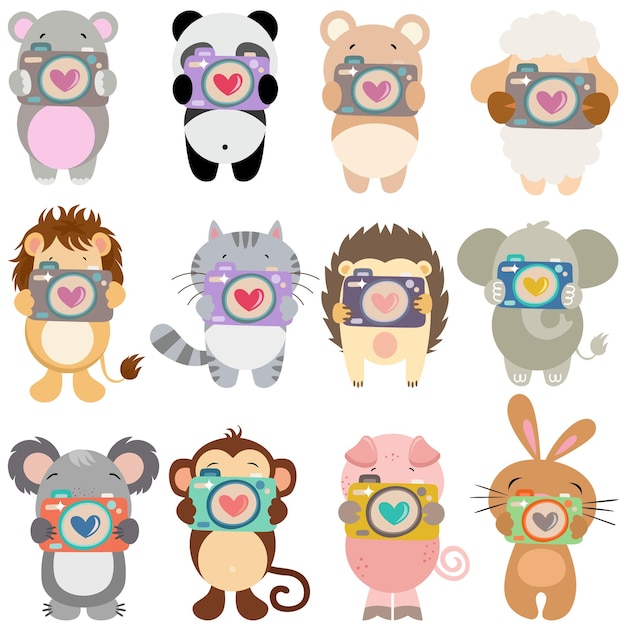 Establezca un collage digital de animales lindos con una cámara
