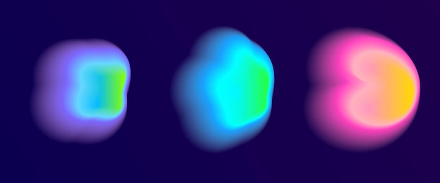 Establezca color neón irregular mancha gradiente mezcla gradación formas borrosas coloridas abstractas en fondo violeta oscuro elementos de diseño pop abstractos y2k concepto de aura con efecto de brillo ilustración vectorial
