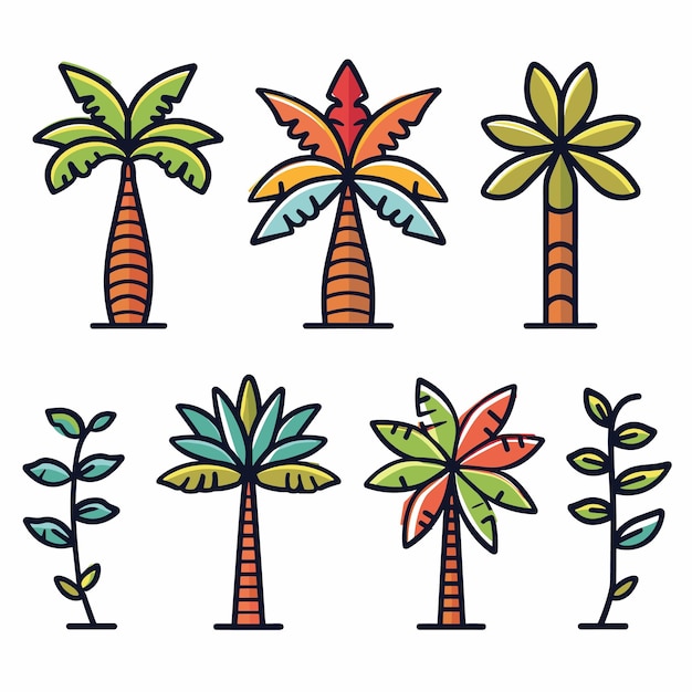 Establezca coloridas palmeras tropicales iconos diferentes estilos de dibujos animados palmeras diseño vibrante