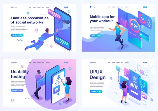 Establezca el concepto de páginas de destino isométricas de pruebas de desarrollo de interfaz de usuario y uso por parte de los usuarios Aplicación móvil para entrenamiento deportivo
