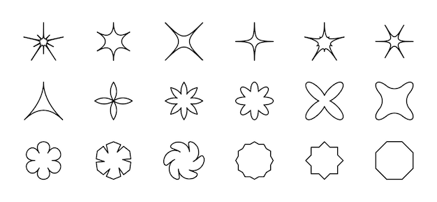 Establezca contornos formas geométricas estrellas colecciones de flores íconos lineales chispas y polígonos diseño abstracto