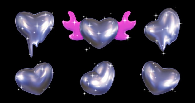 Vector establezca corazones cromados 3d en estilo y2k corazones metálicos de globos desde diferentes ángulos sobre un fondo oscuro