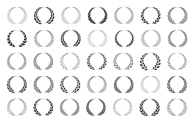 Establezca una corona de laurel negra en un marco redondo con la silueta del icono en un fondo transparente Premios ganador del trofeo Ramas frondosas o hojas insignia de círculo Elementos decorativos vintage para el logro de medallas