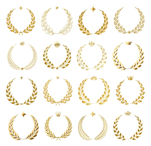 Establezca coronas florales de oro dibujadas a mano y laureles con corona y estrellas en un fondo transparente Elementos vectoriales dorados vintage para vacaciones de bodas y tarjetas de felicitación diseño de scrapbooking de impresión web