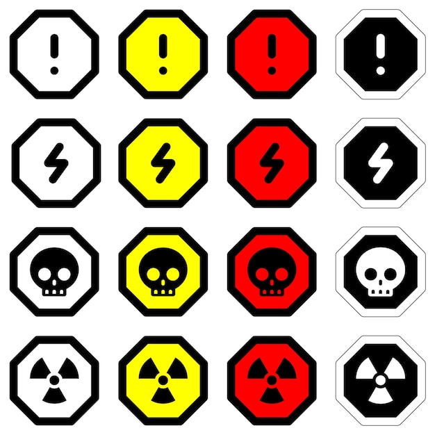 Vector establezca diferentes colores íconos octógono radioactivo alerta nuclear voltaje eléctrico advertencia símbolo de peligro