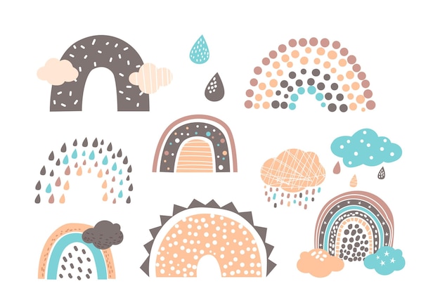 Establezca divertidos arcoíris en un lindo estilo escandinavo, diseño de moda para patrones de bebé o papel tapiz. Gotas de lluvia pastel, nubes