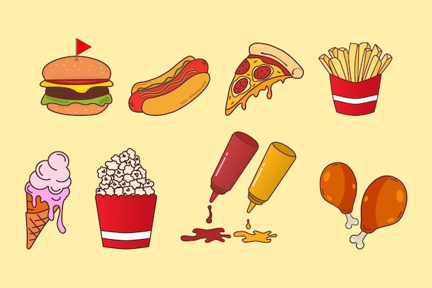 Establezca elementos de comida rápida vectorial pizza rebanada hamburguesa patatas fritas pollo frito helado helado palomitas de maíz ketchup y botella de salsa de tomate