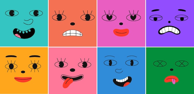 Establezca el estado de ánimo de la caricatura de la cara Varias personas se enfrentan a emociones divertidas Conjunto colorido de diseños de avatares Colección moderna de personajes de caricaturas planas en estilo de garabato simple para el concepto psicológico