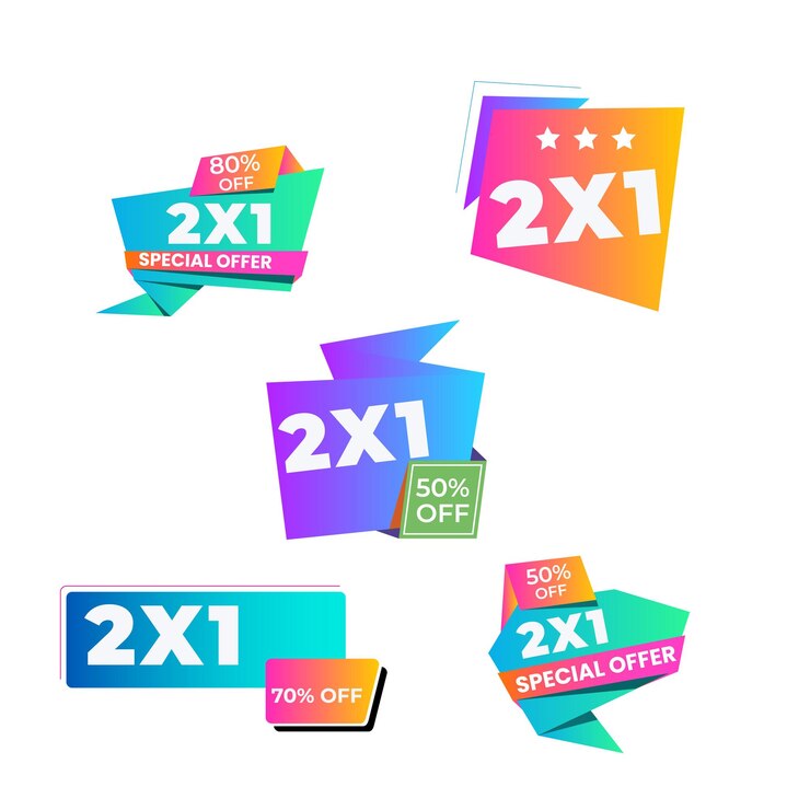 Vector establezca etiquetas y pancartas promocionales 2x1 2x1 publicidad oferta especial diseño de etiqueta de tiempo limitado