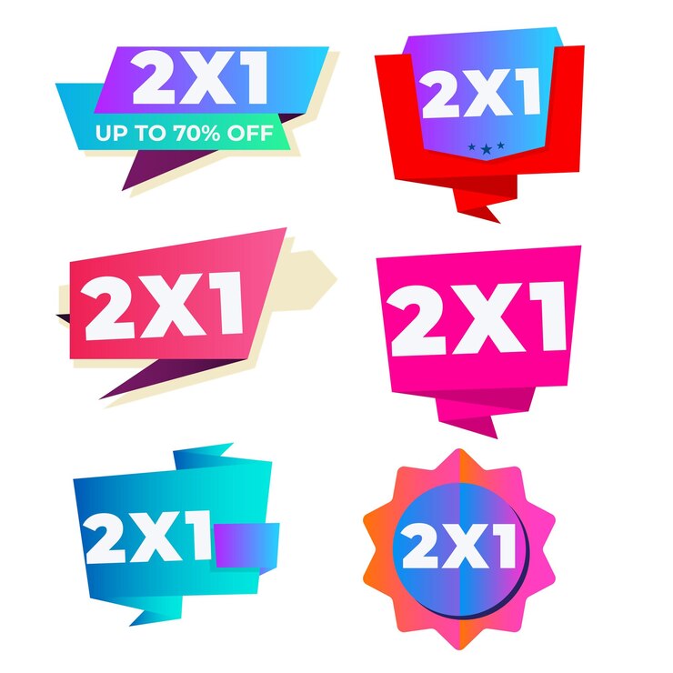 Vector establezca etiquetas y pancartas promocionales 2x1 2x1 publicidad oferta especial diseño de etiqueta de tiempo limitado