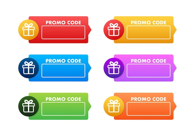 Establezca etiquetas de regalo coloridas con un regalo en ellas Banner de código de cupón promocional con caja de regalo Stock vectorial