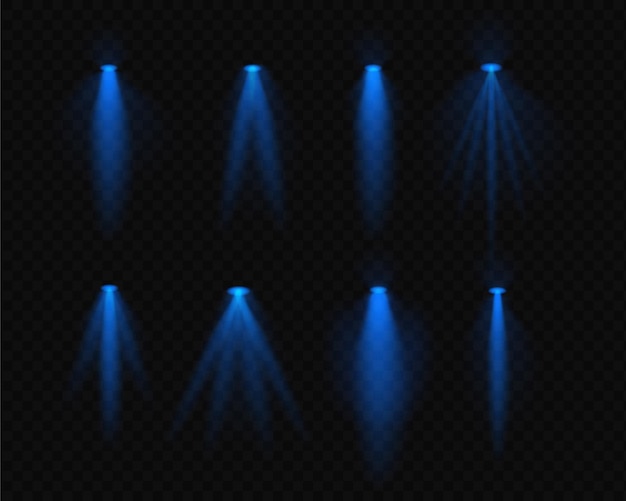 Establezca haces de reflectores reales azules que se asemejen a lámparas aéreas y luces de proyector con brillo suave y rayos de luz en un fondo transparente Ideales para resaltar y efectos decorativos